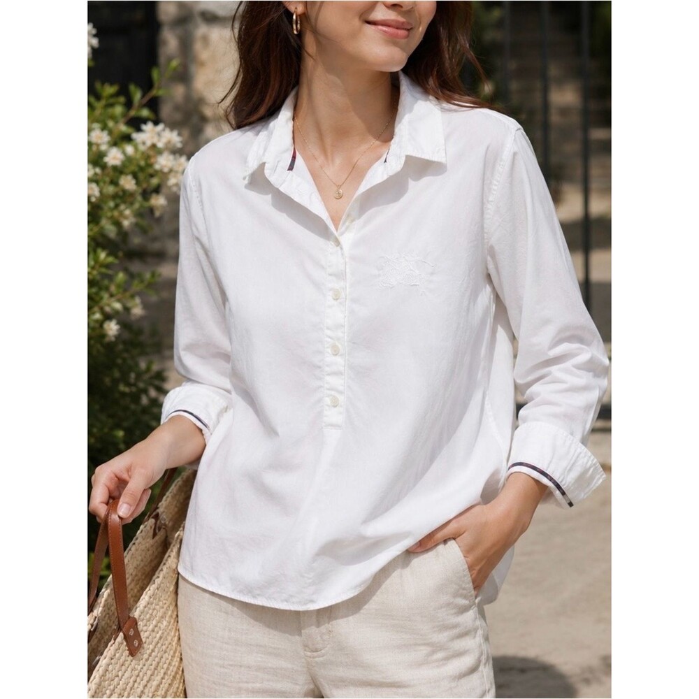 Burberry Brit Tunic Popover Top Long Sleeve Embroidered Logo Cotton White Size S